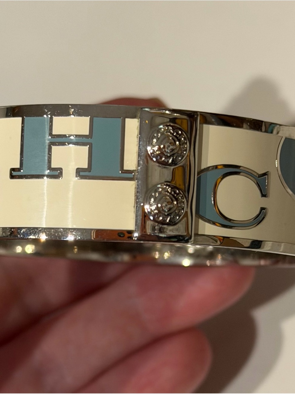 Coach Gold-Tone Cuff and White Enamel Logo Bracelet with blue lettering set - Picture 4 of 5